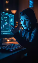 a dark woman using a computer screen at night
