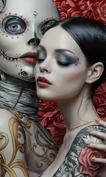 a woman with a skeleton on her shoulder and an ugly face