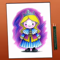 a drawing of a little girl with a tiara,a colored drawing of a little girl with her hand on her hip