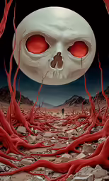 a surreal looking landscape with red tentacles and a skull