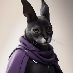a cat dressed in a black hoodie and purple coat