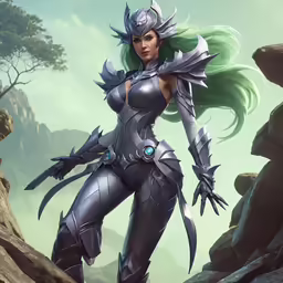 a female hero in a futuristic outfit on rocks