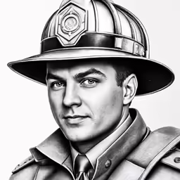 a man wearing a firefighter hat is in pencil