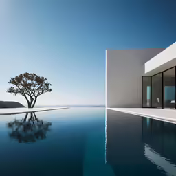 an empty pool sits in front of a house