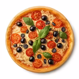 a pizza with tomatoes, olives, and basil