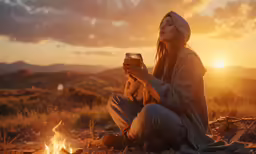 a woman sitting near an open fire on the ground