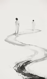 two people standing in the middle of some snowy tracks