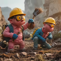 two little figures in hard hats with a broom