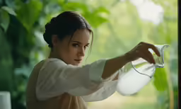 a woman pouring something into a white pitcher