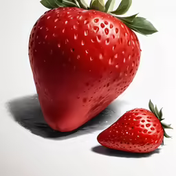 a photo of two strawberries with leaves in the middle of it