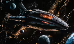 a black spaceship with an open wing next to a blue planet