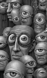 several humanoid heads with different eyes are grouped in a sculpture
