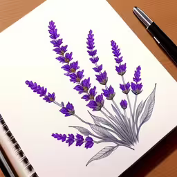 the drawing is of some kind of purple flower,an art book with purple flowers and leaves on it,the ink and watercolor drawing of lavender flowers on paper is shown,this drawing is of purple flowers with a fern on top,the drawing is being prepared to start with a lot of color