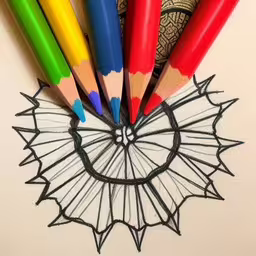 a drawing with pencils and colored crayons in it,this is an image of pencils arranged in a sunburst