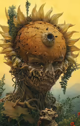 an art piece with an alien like face and large, yellow sunflowers