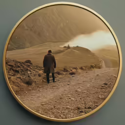 a person in coat looking out at a hill with cloud