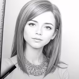 a woman is holding a large pencil and pen in front of her face