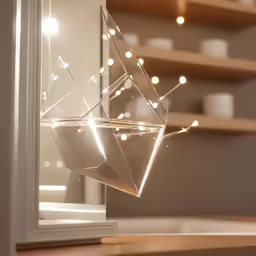 a piece of art on a table and some lights