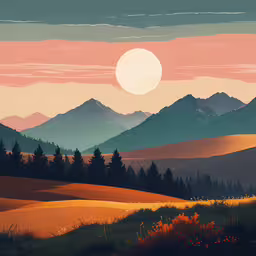a painting of a sunset over a mountain range,a painting of mountains with a sky and sunset