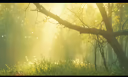 the sunlight shines through the trees as the bird flies in