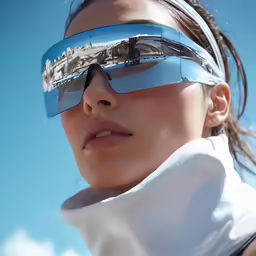 a woman wearing sunglasses looks like she has a camera on her shoulder