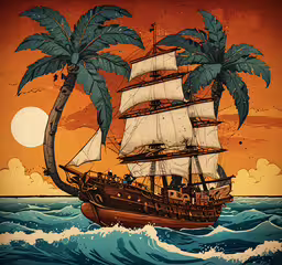 an old ship with three sails on a choppy ocean,an image of a pirate ship sailing in the ocean