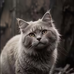 a long haired gray cat looking straight ahead
