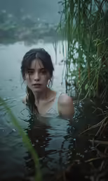 the woman is in the water with grass