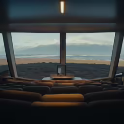 the empty auditorium has a view of the mountains