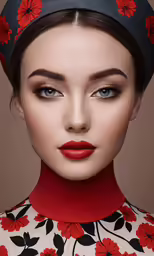 a model with bright red lips and a flower head band