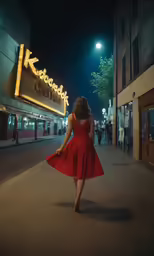 a woman is walking down the street in a red dress