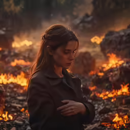 a young lady in front of a fire