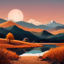 a landscape painted with orange, pink and green,painting of beautiful scenery with a lake in the foreground