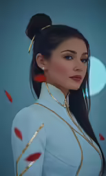 an asian model wearing a white uniform with gold accents