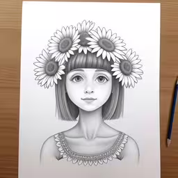 a drawing of a young girl with flowers in her hair,a drawing of a girl with sunflowers in her hair