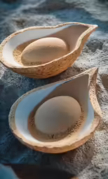 two pieces of decorative fruit sitting in the sand