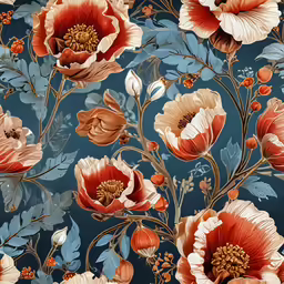 an artistic floral print design in blue, orange and grey