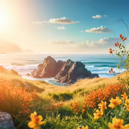 the sun shining over the water off a rocky coast