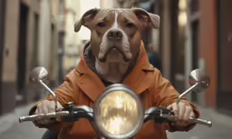 the brown dog is wearing a bright orange jacket