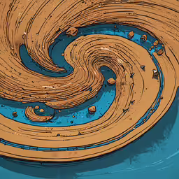 a blue and brown background with small waves,the top of a drawing shows waves in light brown and blue