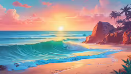 the ocean near a cliff overlooks a beach,a painting of an ocean scene with a sun