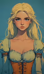 a girl with blonde hair, wearing a blue dress and brown gloves