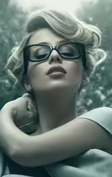 a beautiful blonde wearing glasses while sitting on a chair