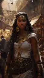 a woman dressed in egyptian dress and head piece,a young woman wearing costume and jewelry in a store