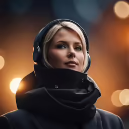 a blonde woman wearing headphones while looking into the distance