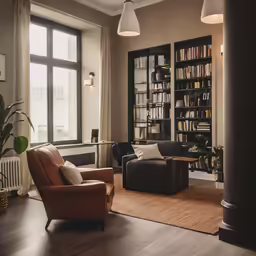 a living room filled with furniture and bookshelves