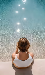 a woman in a white bikini looking out over water