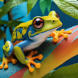 a frog with orange spots sitting on top of a plant