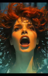a woman with red hair is making a shocked face
