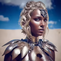a woman dressed in armor against a blue sky